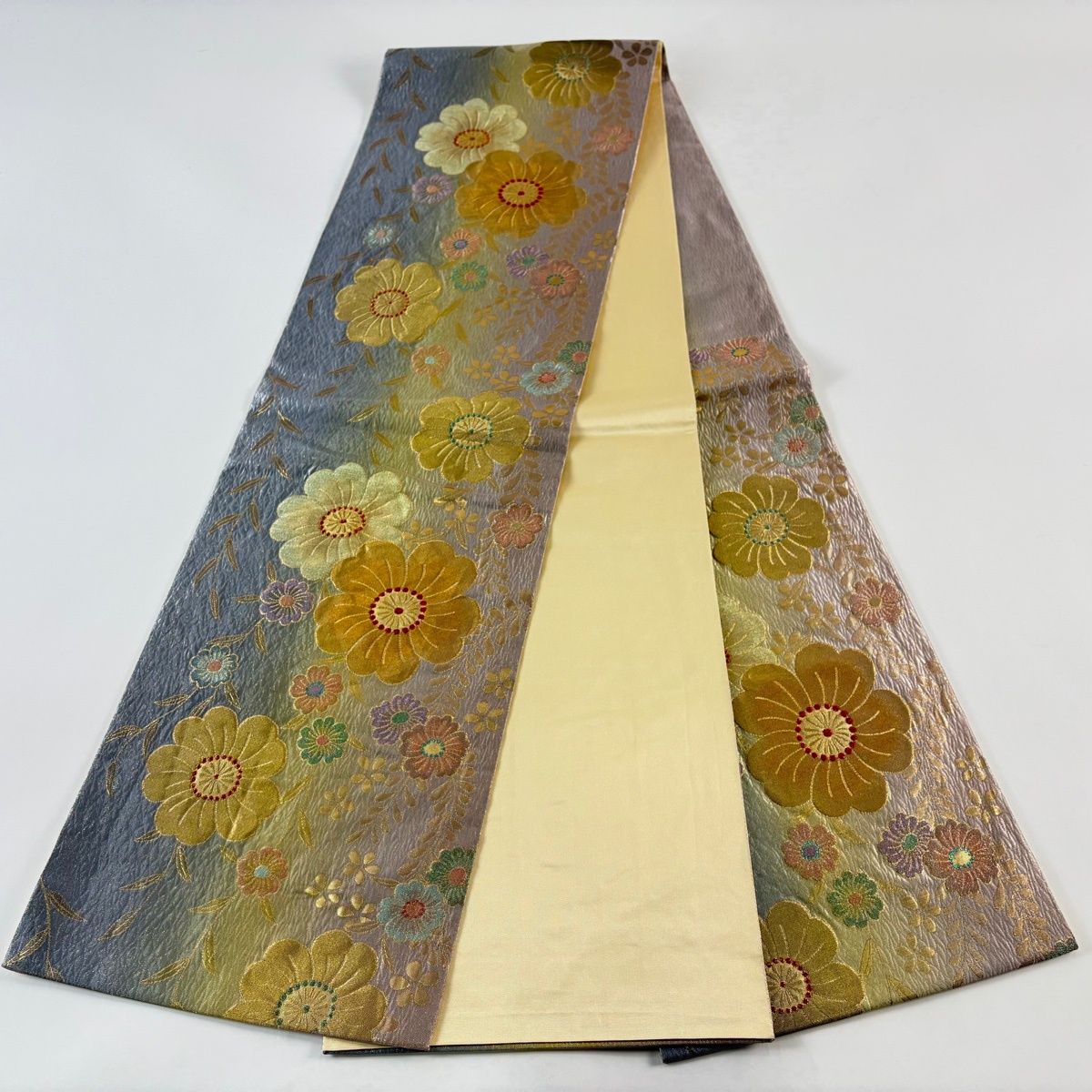 袋帯 秀品 草花 金糸 箔 青灰色 六通 正絹 【中古】