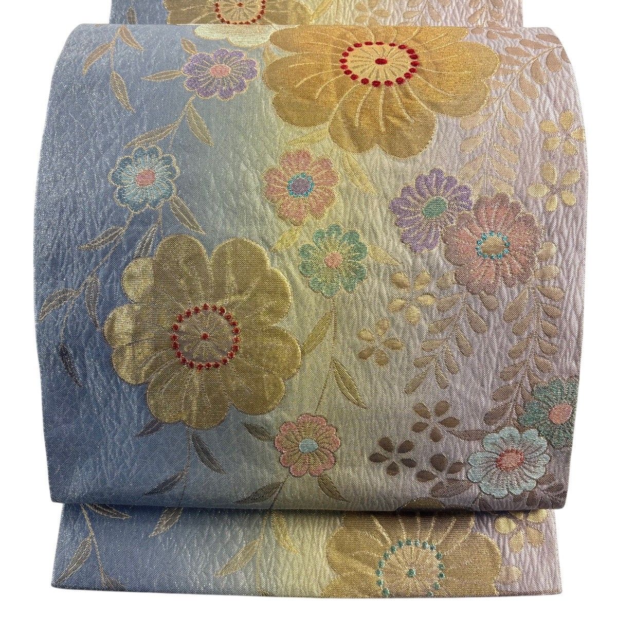 袋帯 秀品 草花 金糸 箔 青灰色 六通 正絹 【中古】