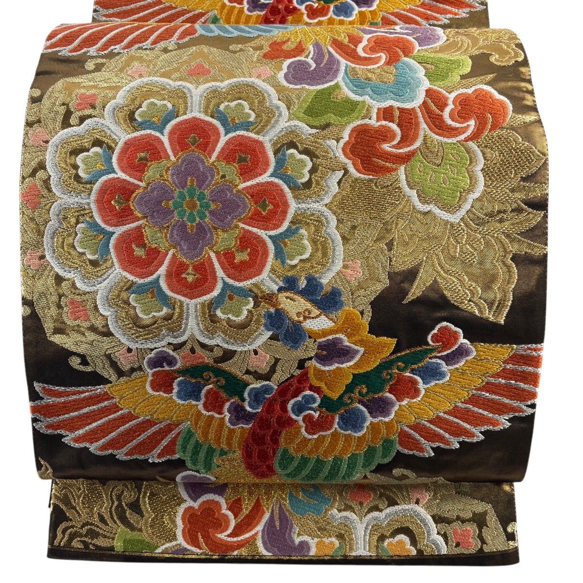 袋帯 秀品 鳳凰 華文 金銀糸 箔 金茶 六通 正絹 【中古】