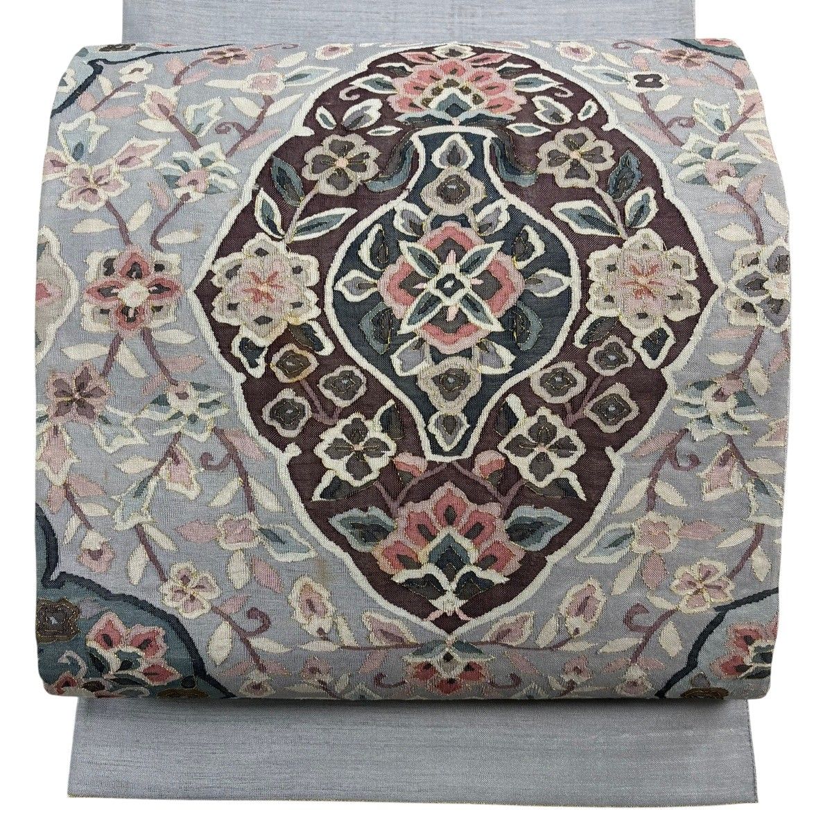 袋帯 秀品 華文 花唐草 金糸 灰色 お太鼓柄 正絹 【中古】