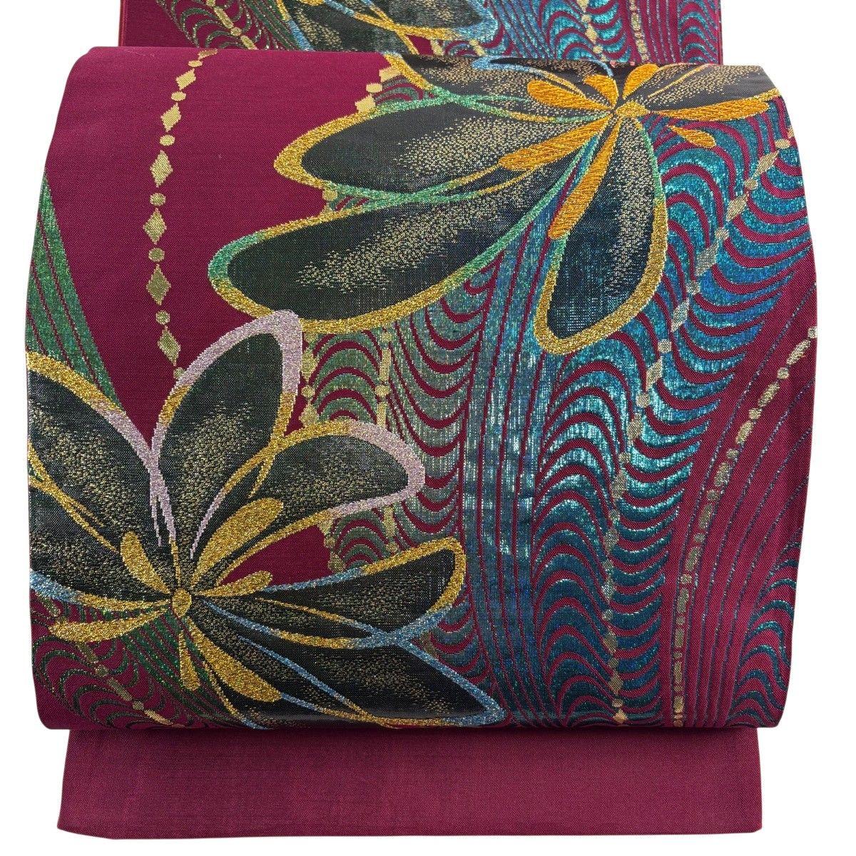 【美品】 袋帯 秀品 証紙 振袖向き フローラル 花 幾何学 箔 赤紫 六通 正絹 【中古】