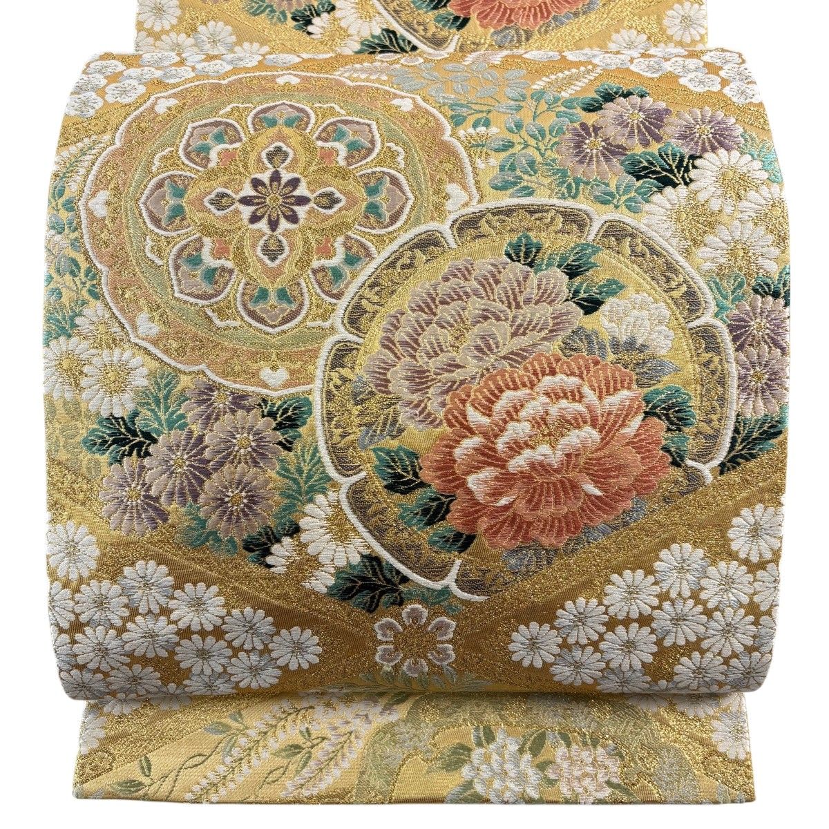 美品】 袋帯 秀品 関西仕立て 華文 草花 唐織 金糸 金色 六通 正絹
