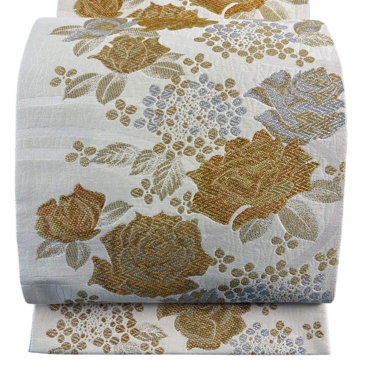 【美品】 袋帯 秀品 薔薇 紫陽花 金銀糸 唐織 クリーム 六通 正絹 【中古】