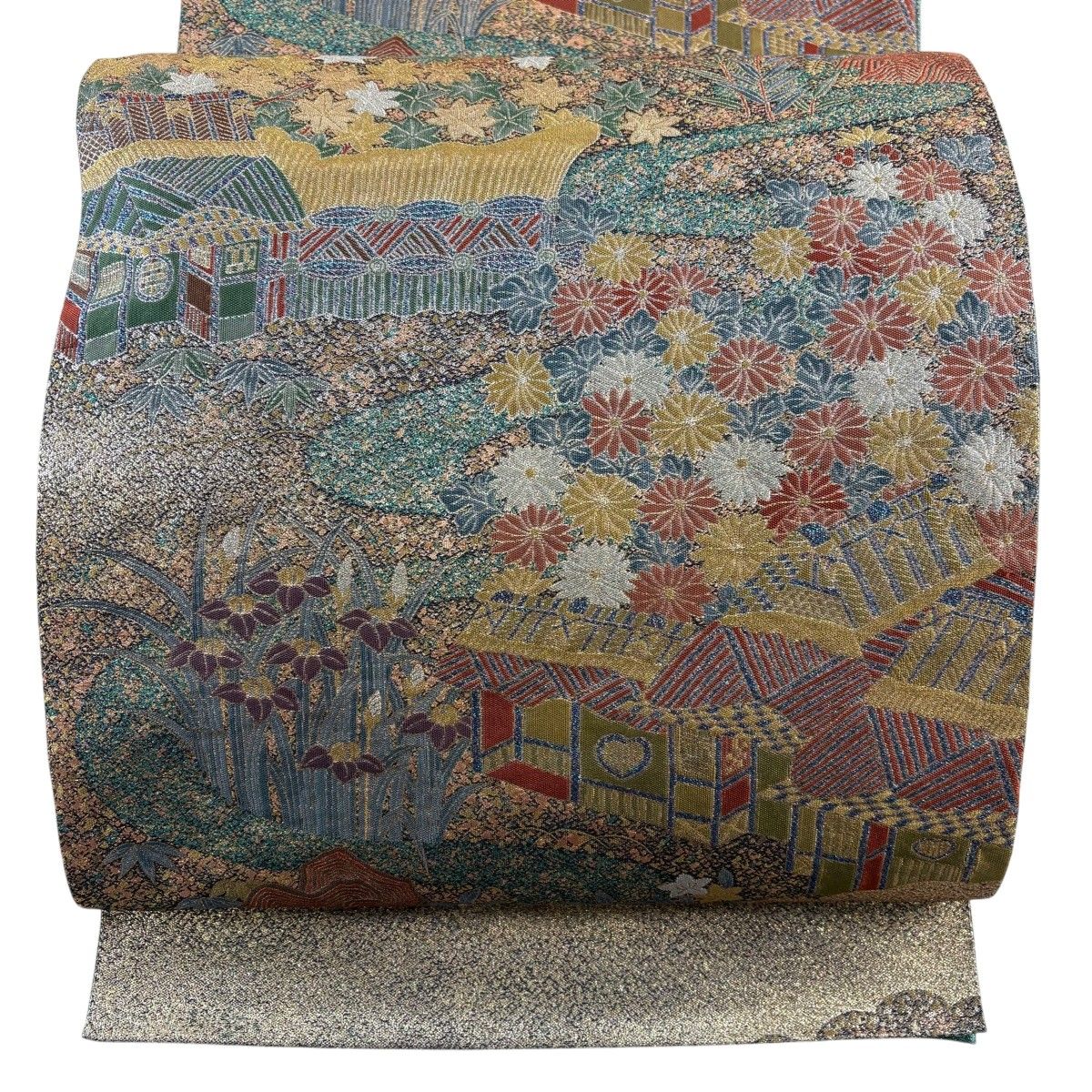 【美品】 袋帯 秀品 彩きらら織 草花 建物 金糸 箔 金色 六通 正絹 【中古】
