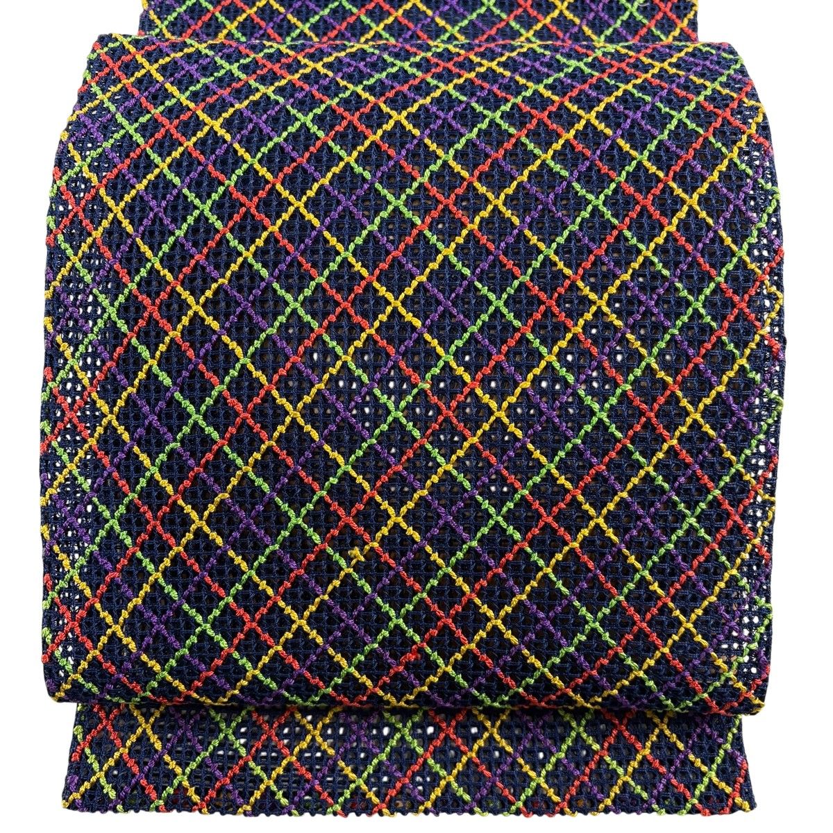【美品】 名古屋帯 秀品 夏帯 羅織 八寸名古屋帯 松葉仕立て 斜め格子 青紫 正絹 【中古】