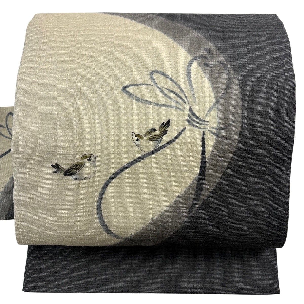【美品】 名古屋帯 秀品 夏帯 紬地 雀 瓢箪 灰色 正絹 【中古】