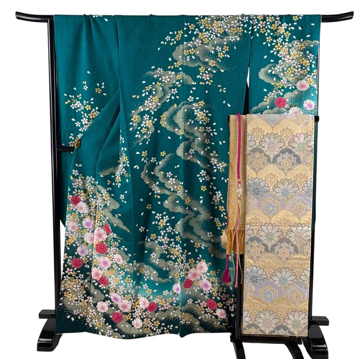 【美品】 振袖 身丈166cm 裄丈68.5cm L 袷 袋帯フルセット 桜 霞 箔 金彩 青緑 正絹 名品 【中古】