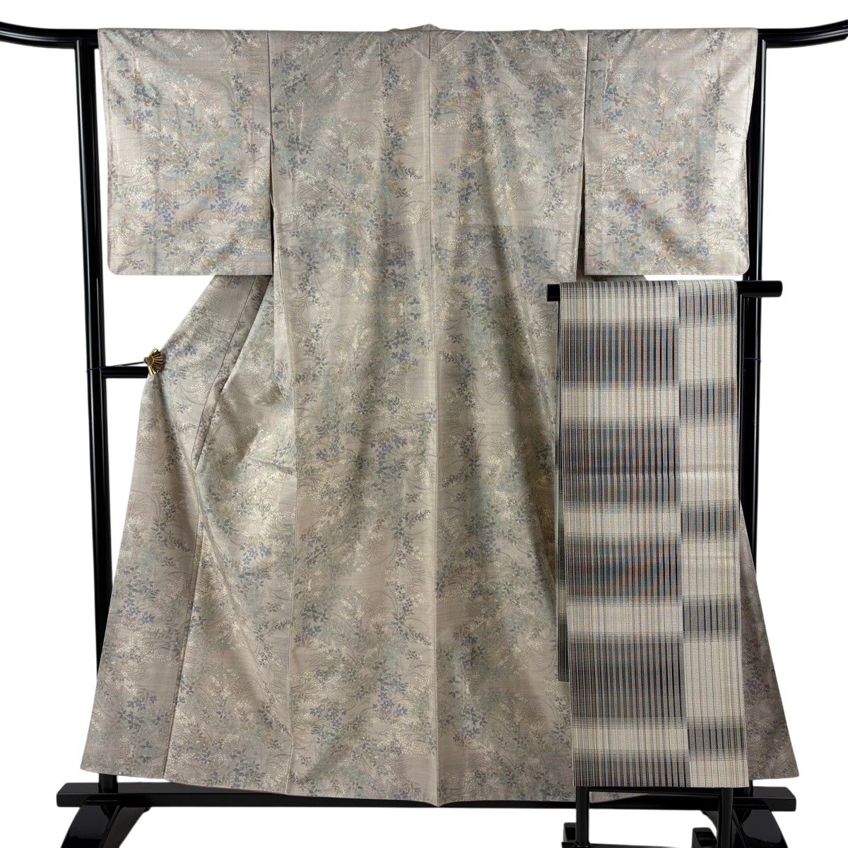 美品】 大島紬 身丈156.5cm 裄丈64cm M 袷 名古屋帯セット 証紙 草花