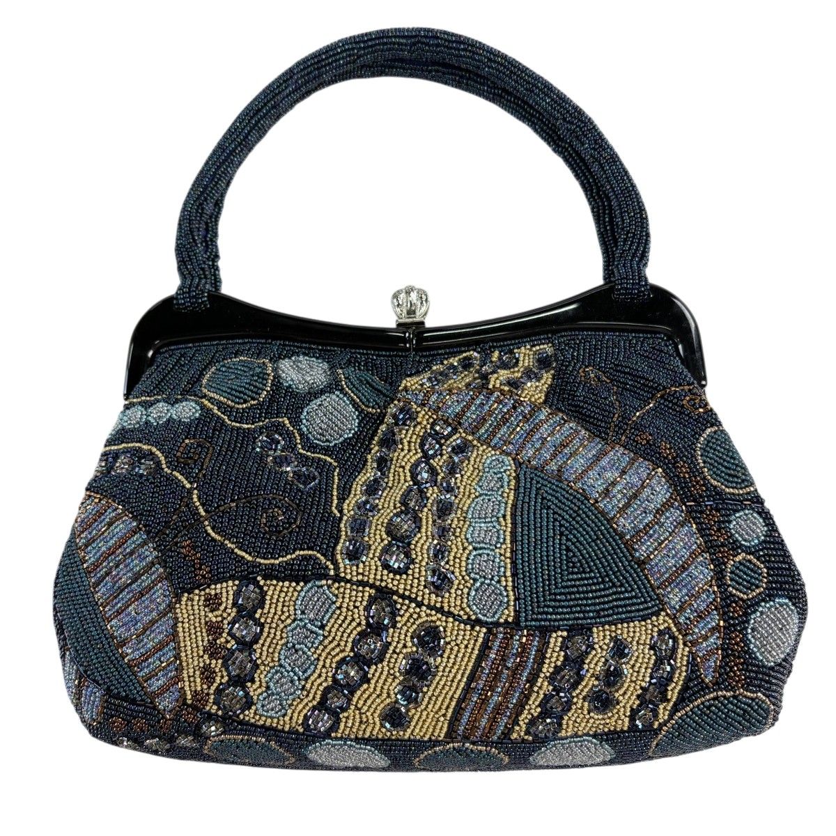 【美品】 和装バッグ 優品 ビーズバッグ フォーマル 幾何学 紺色 ビーズ 和装小物 【中古】