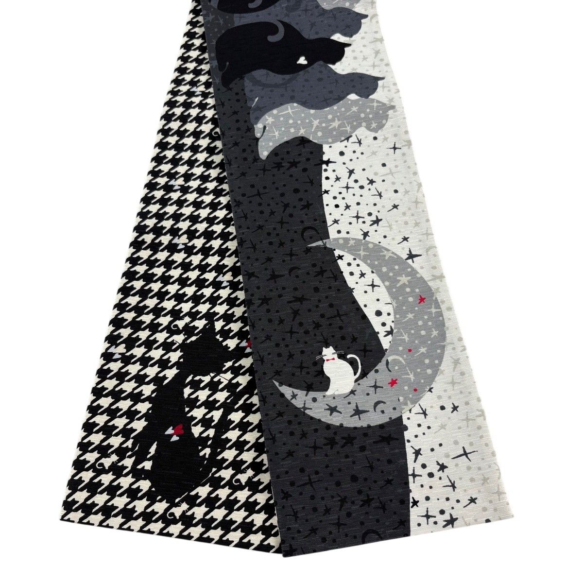 【美品】半幅帯 名品 猫 月 灰白 正絹 【中古】