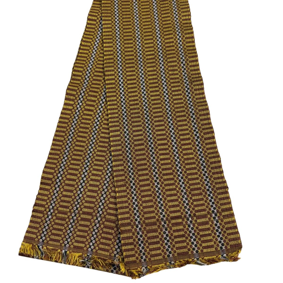 【美品】半幅帯 名品 幾何学模様 山吹茶色 正絹 【中古】