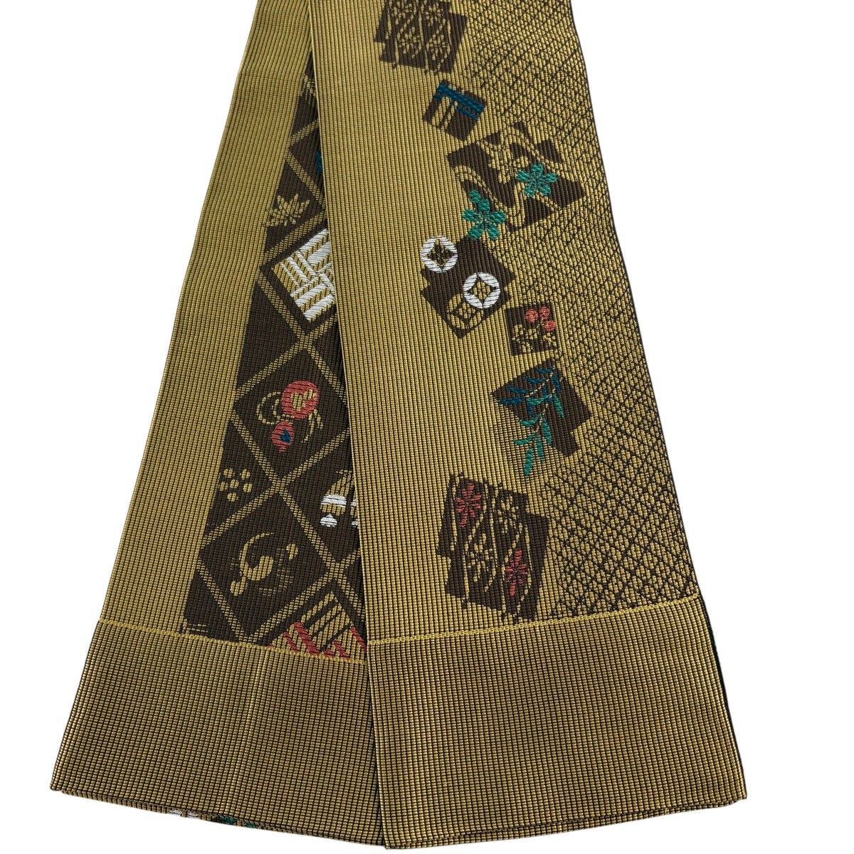 【美品】半幅帯 秀品 証紙 本場筑前博多織 草花 七宝 黄土色 正絹 【中古】