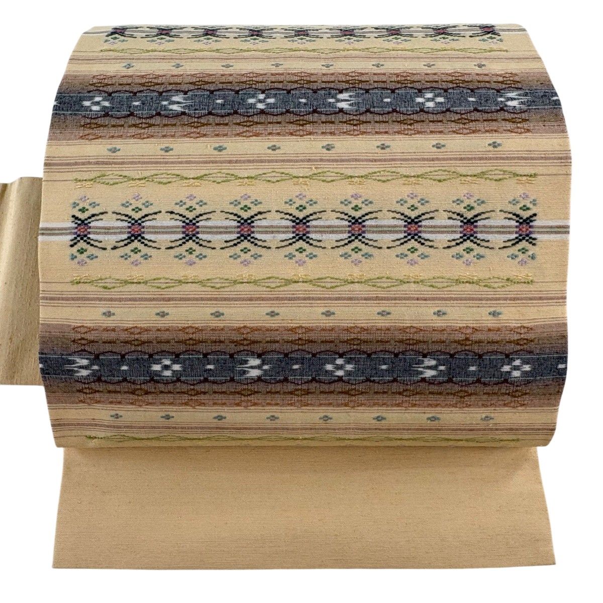 【美品】 名古屋帯 逸品 証紙 縞 幾何学模様 南風原花織 ベージュ 正絹 【中古】