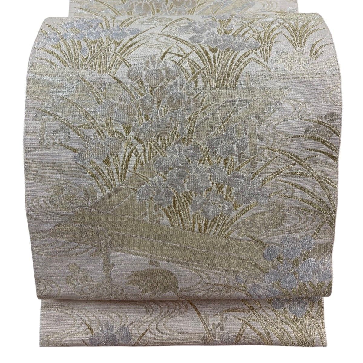 【美品】 袋帯 逸品 川島織物 落款 菖蒲 八つ橋 箔 金銀糸 クリーム 六通 正絹 【中古】