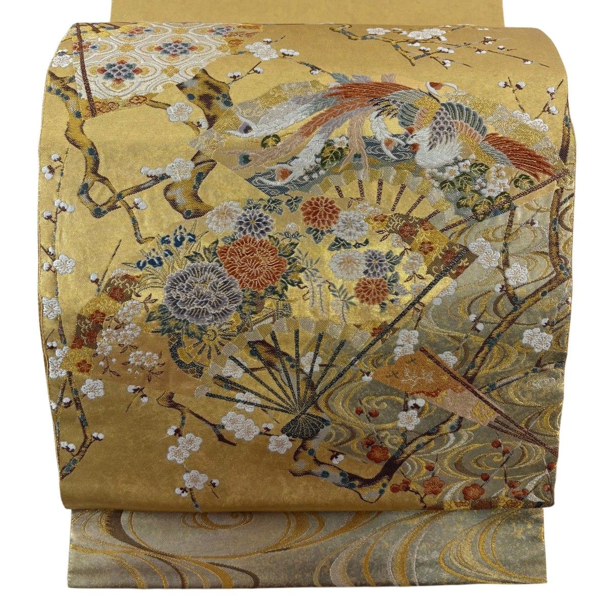 【美品】 袋帯 逸品 長嶋成織物 落款 瀞金錦 桃山桧扇白梅図 金銀糸 箔 金色 お太鼓柄 正絹 【中古】