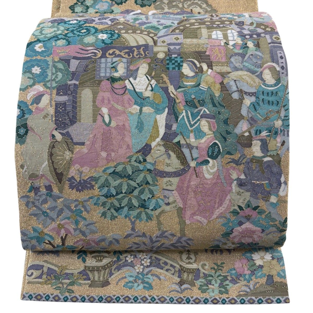 袋帯 秀品 鳥 草花 刺繍 金糸 灰紫 六通 正絹 【中古】