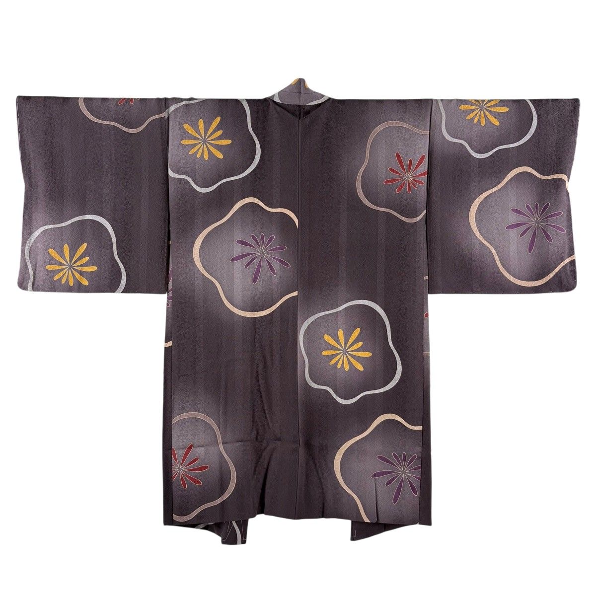 【美品】 羽織 身丈105cm 裄丈66cm M 梅 縦縞 ぼかし 茶紫 正絹 逸品 【中古】