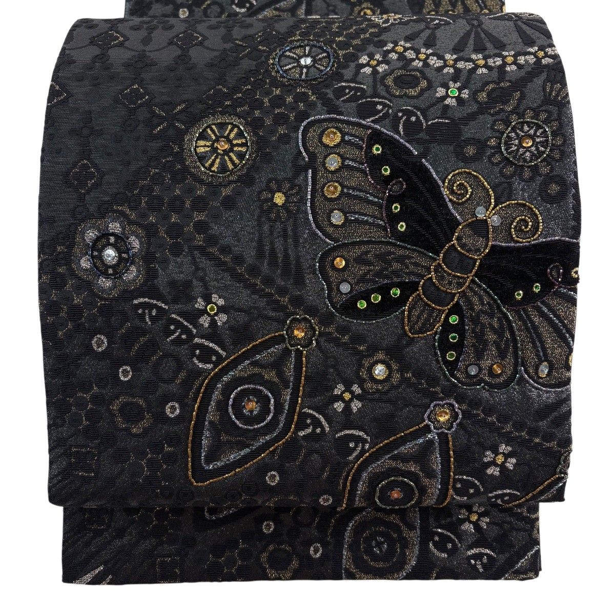 袋帯 秀品 鳥 草花 刺繍 金糸 灰紫 六通 正絹 【中古】