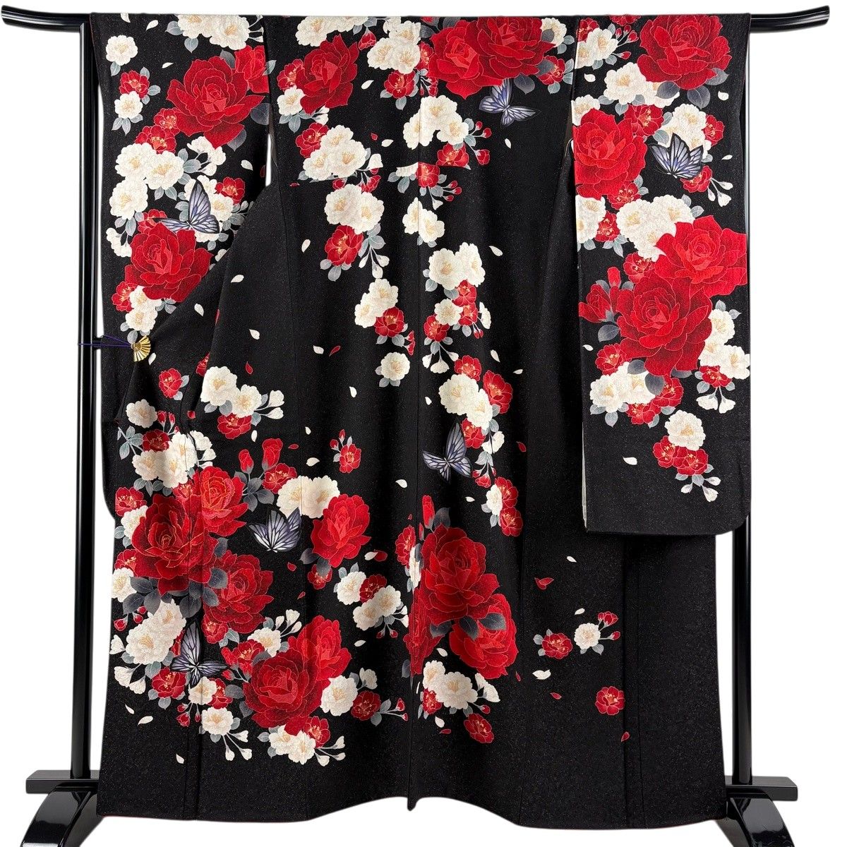 【美品】 振袖 身丈161cm 裄丈66cm M 袷 薔薇 蝶 刺繍 銀通し 黒 正絹 逸品 【中古】