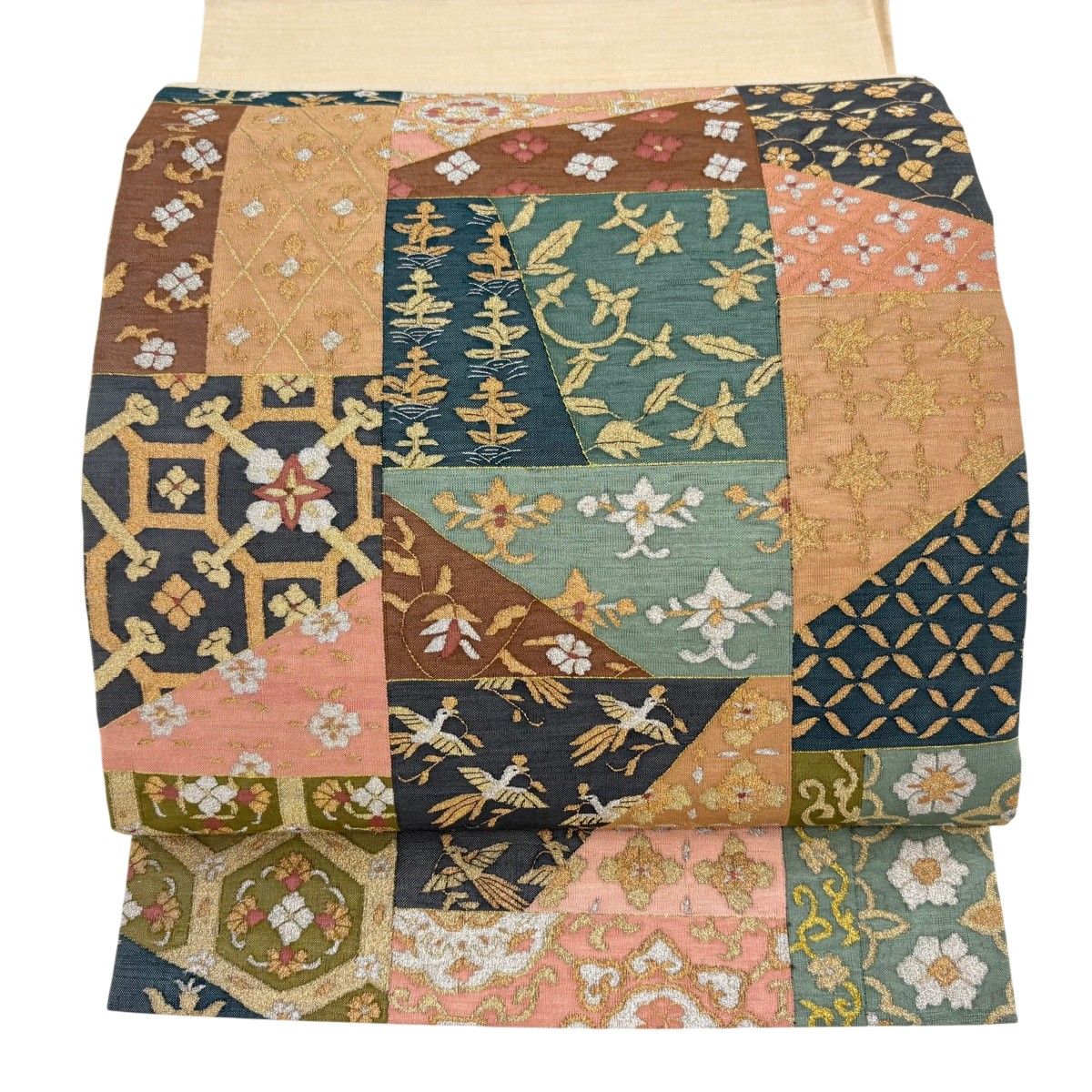 【美品】 袋帯 逸品 華文 鳥 金銀糸 綴れ 薄茶色 六通 正絹 【中古】