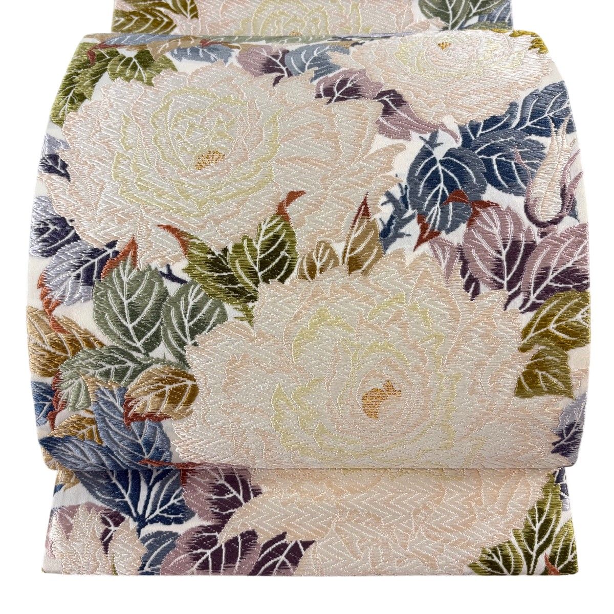 袋帯 逸品 薔薇 金糸 唐織 クリーム 六通 正絹 【中古】