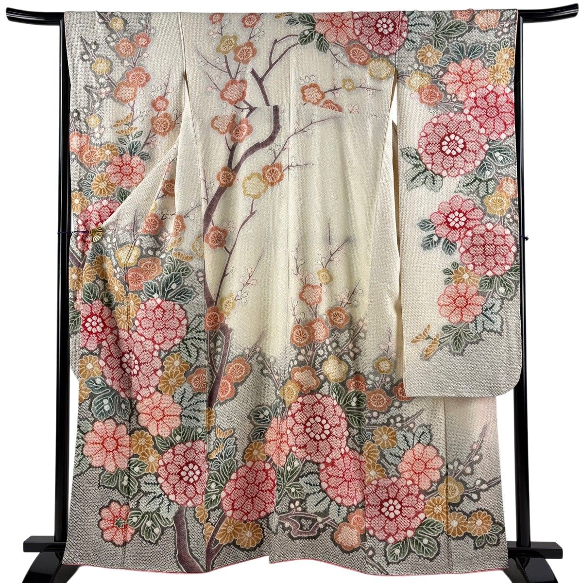 振袖 身丈161.5cm 裄丈66.5cm M 袷 菊 枝梅 総絞り 灰白 正絹 逸品 【中古】