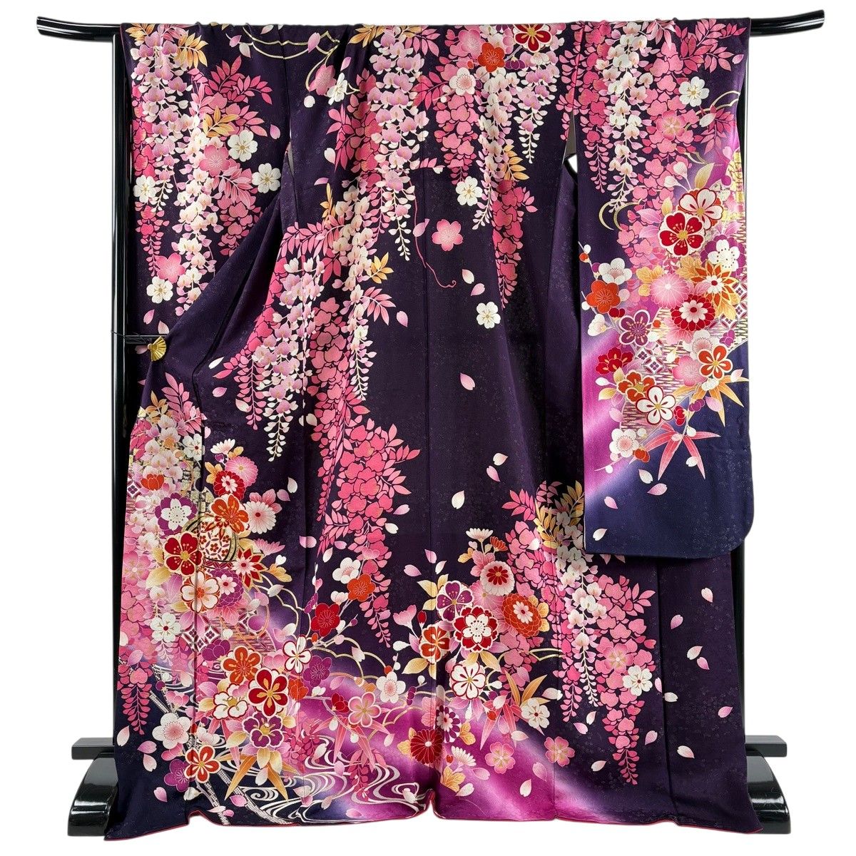 【美品】 振袖 身丈174cm 裄丈72cm L 袷 手鞠 桜 銀通し 金彩 濃紫 正絹 逸品 【中古】