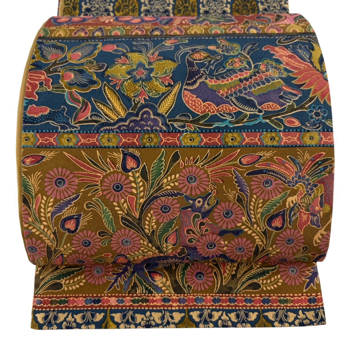 【美品】 袋帯 逸品 前田仁仙 落款 動物 花鳥 金糸 山吹茶色 全通 正絹 【中古】