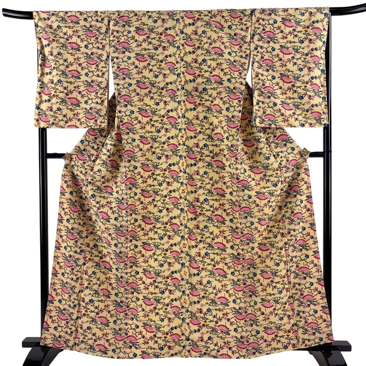 小紋 身丈162cm 裄丈67cm M 袷 扇 梅 ベージュ 正絹 逸品 【中古】