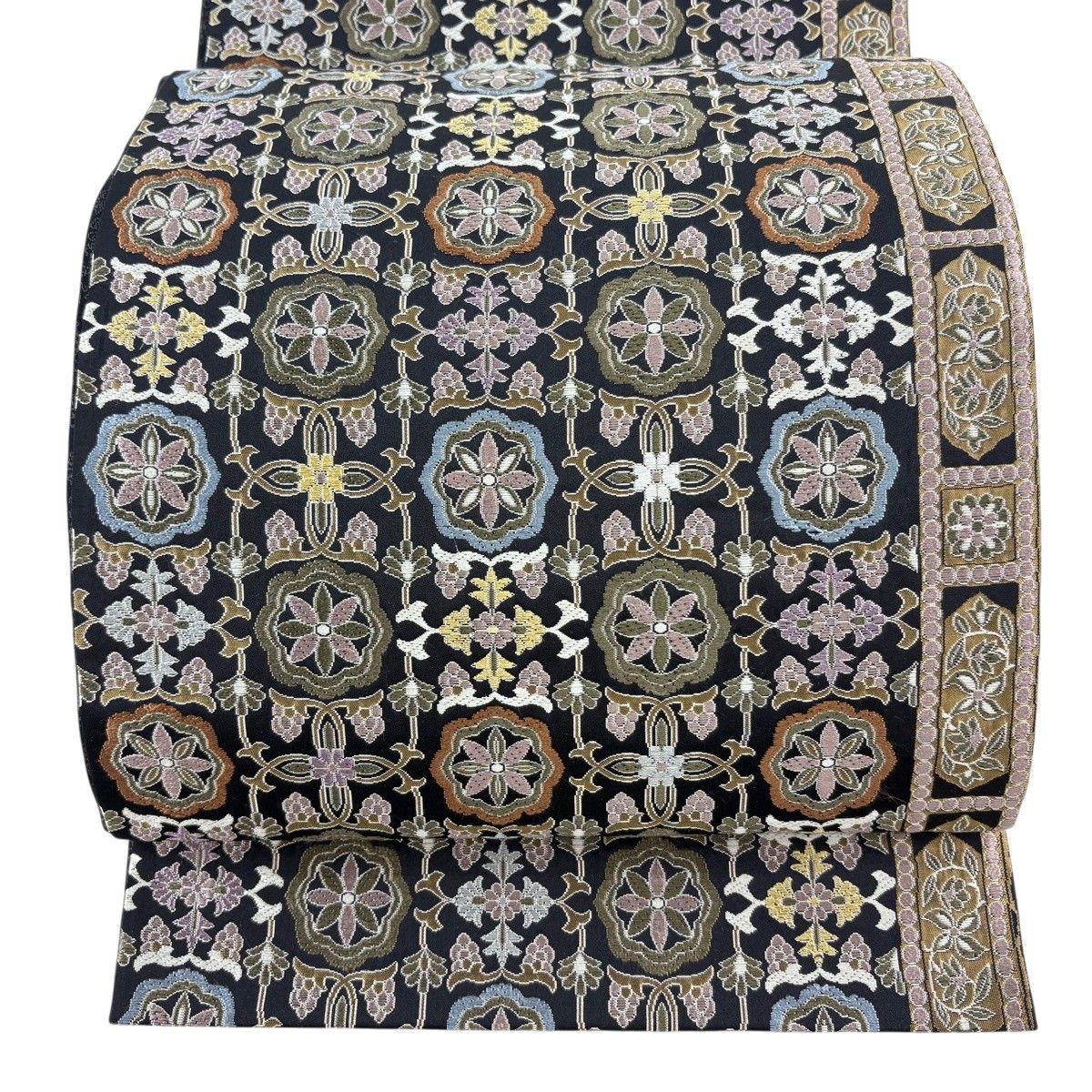 袋帯 逸品 小石丸 西域更紗 花唐草 黒 六通 正絹 【中古】