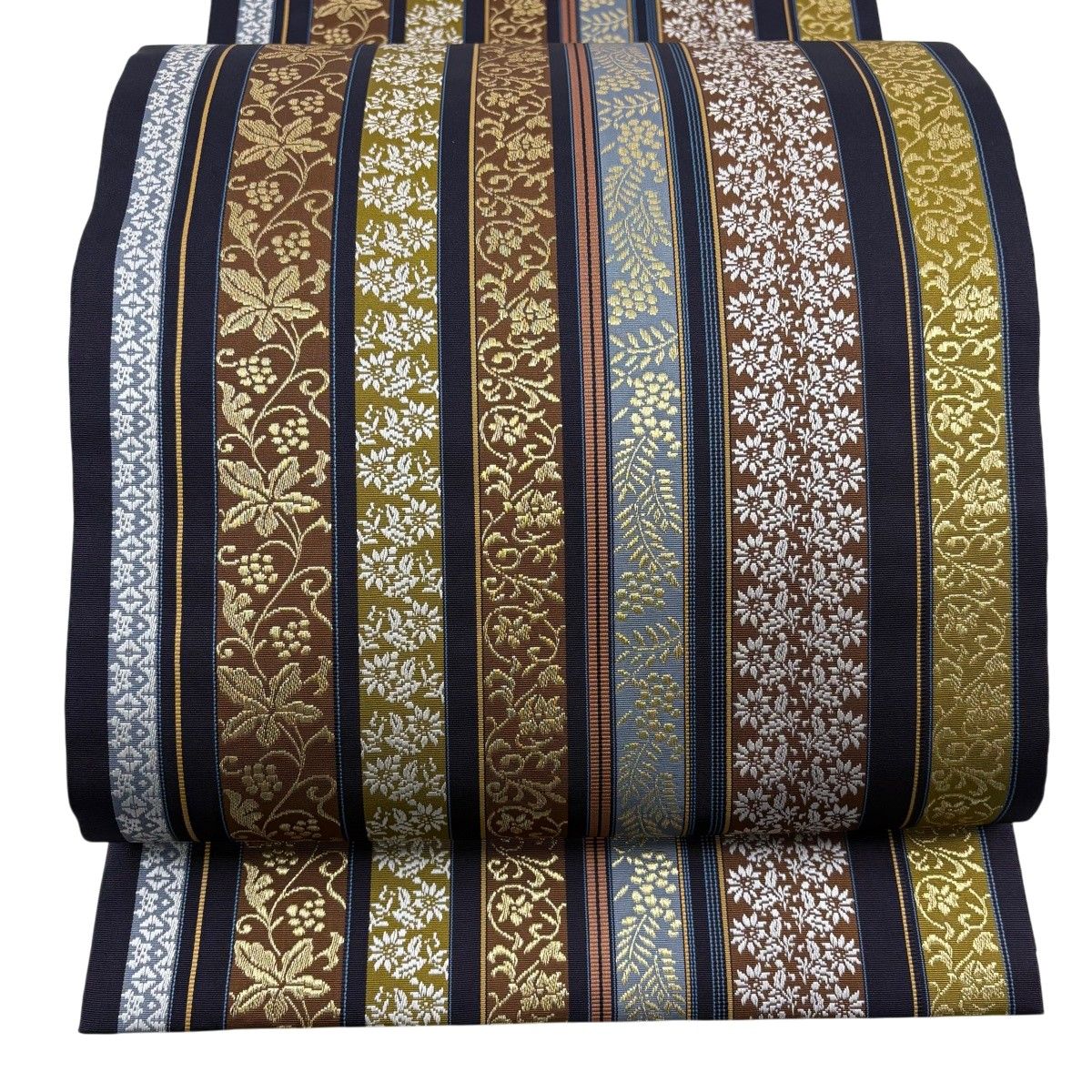 【美品】 袋帯 逸品 縞 草花 金糸 濃紫 全通 正絹 【中古】