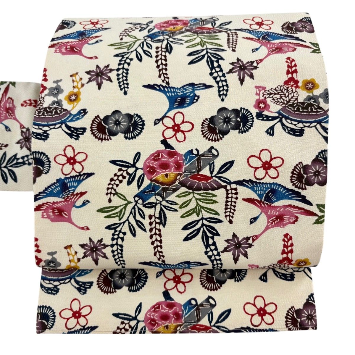 名古屋帯 逸品 草花 鳥 クリーム 正絹 【中古】