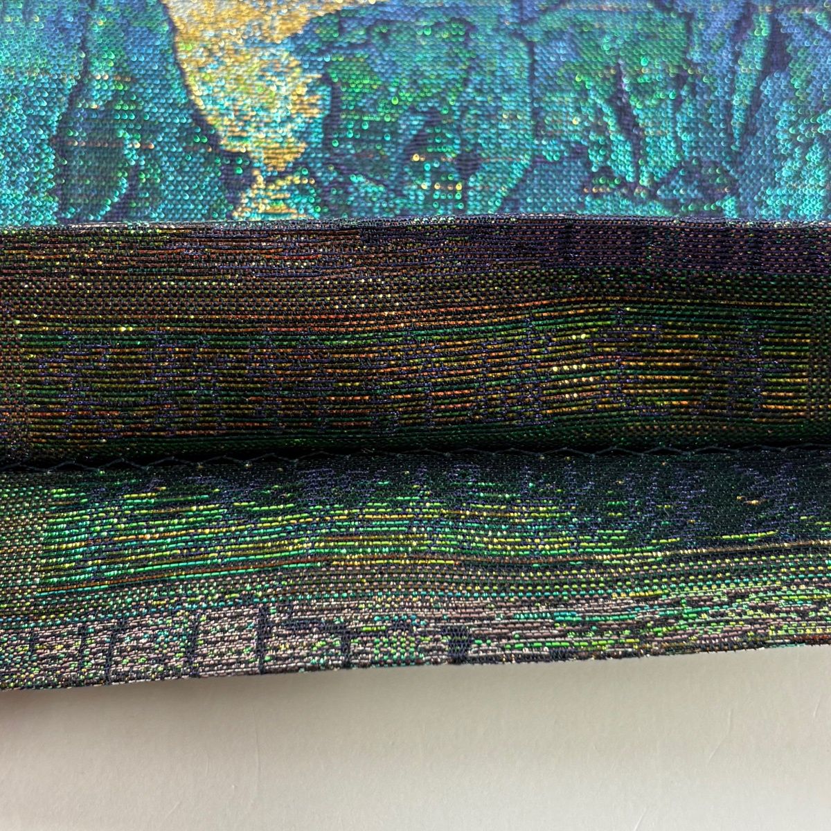 【美品】 袋帯 逸品 佐波理 落款 山並 樹木 金糸 箔 青紫 六通 正絹 【中古】