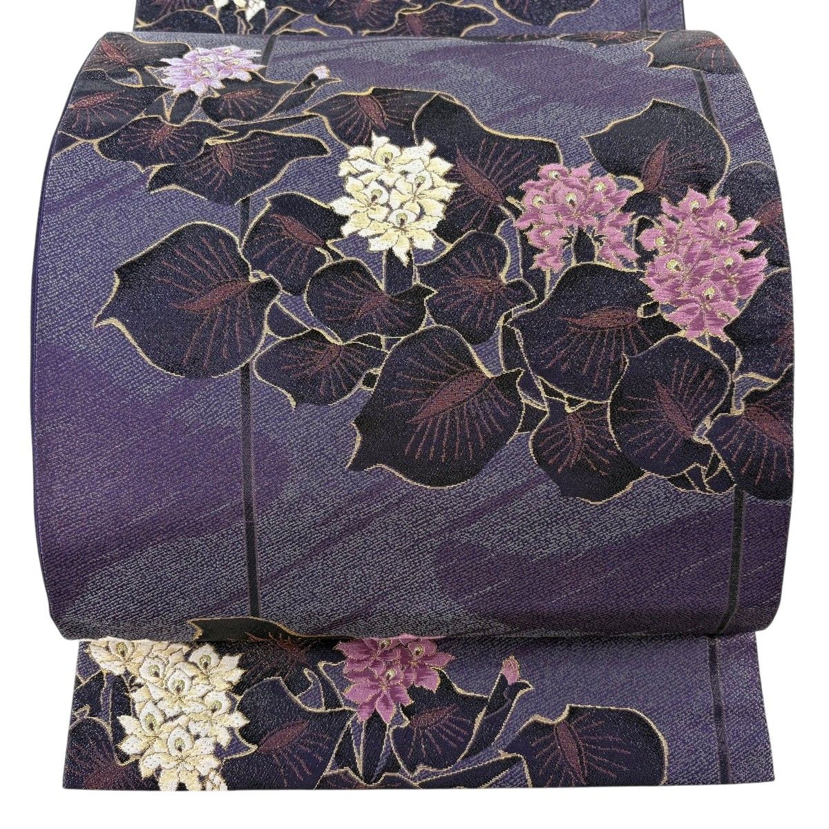 美品】 袋帯 逸品 じゅらく 落款 草花 箔 紫 六通 正絹 【中古】