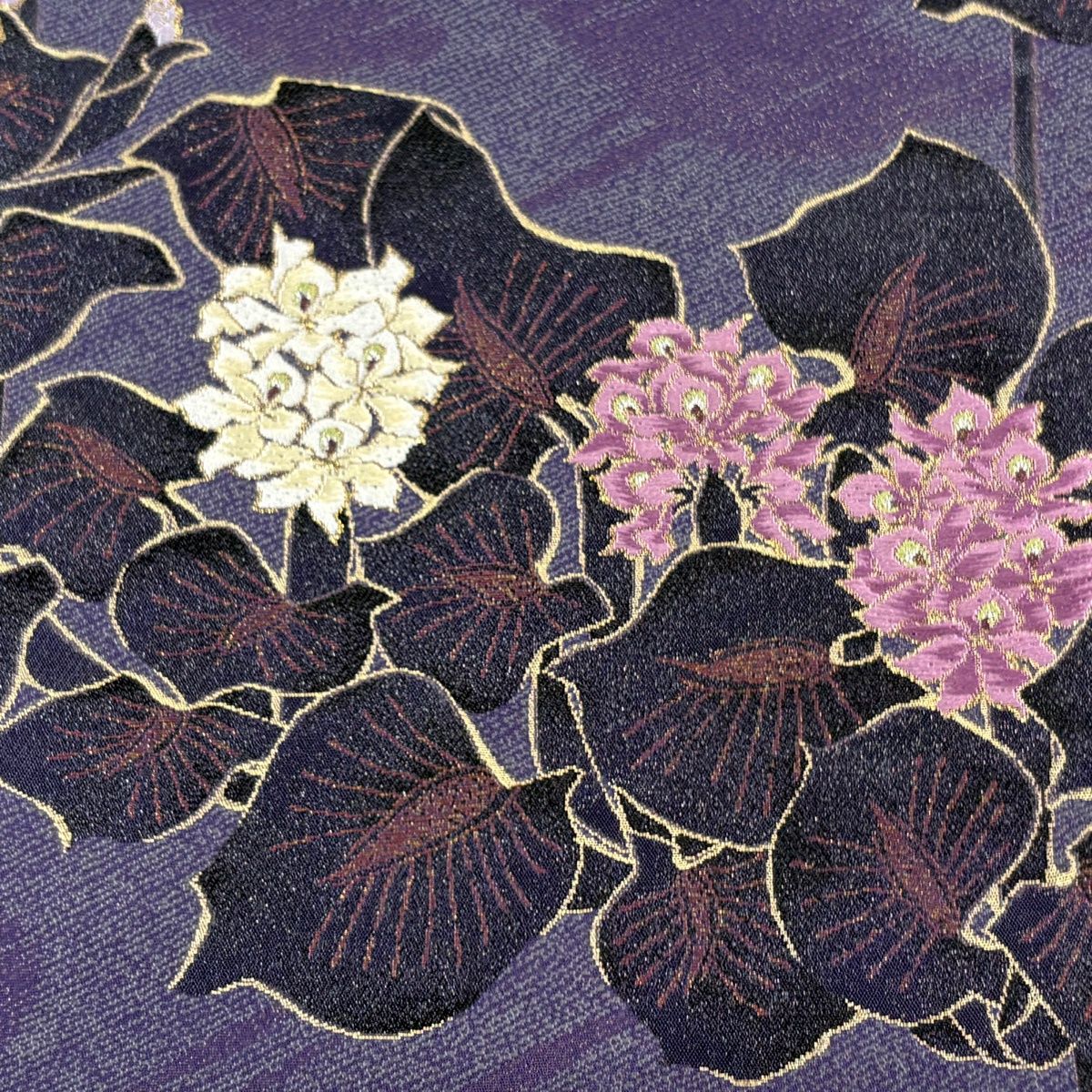 【美品】袋帯　芙蓉の花　六通　キラキラ　締め跡あり 美品】 袋帯 逸品 じゅらく 落款 草花 箔 紫 六通 正絹 【中古】