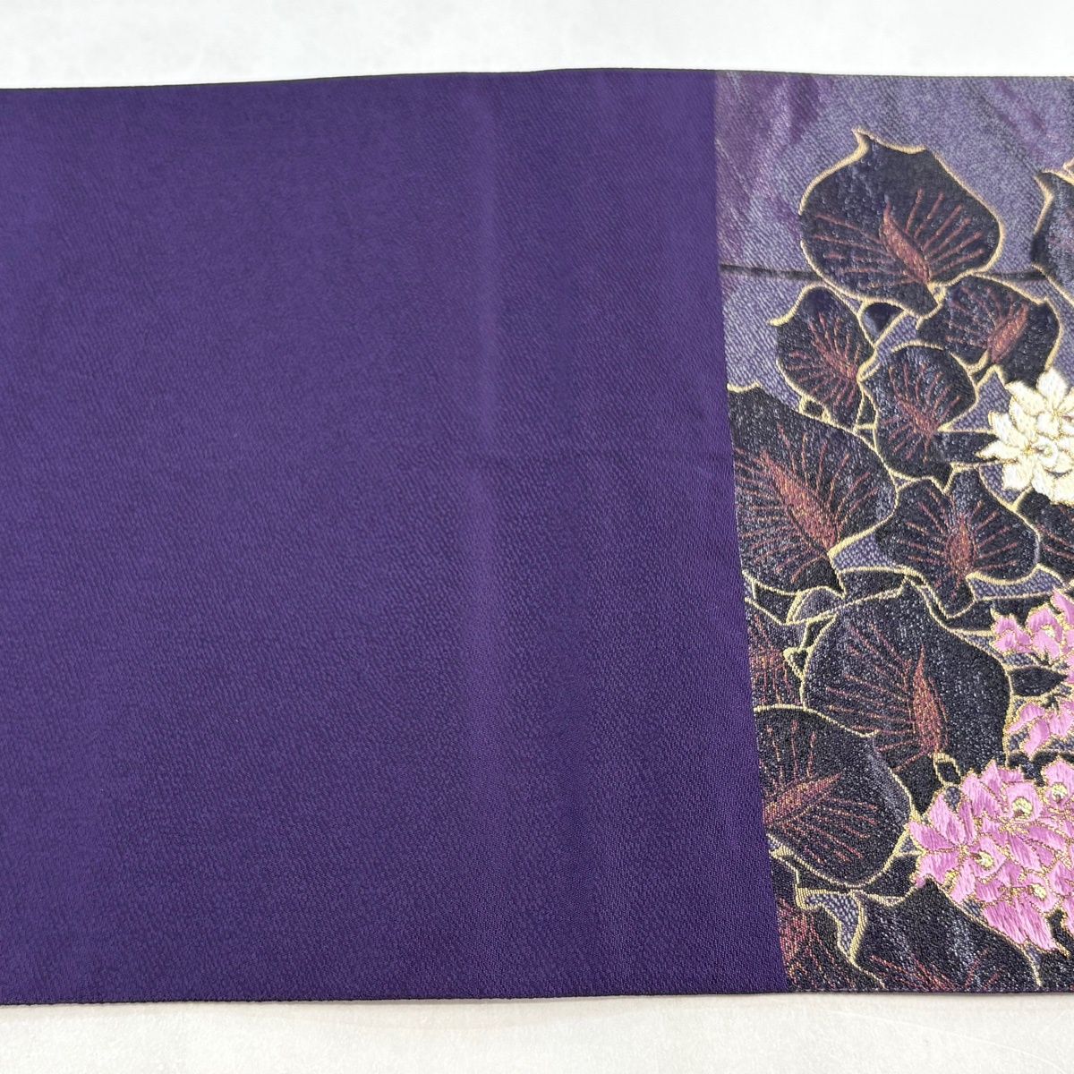 【美品】袋帯　芙蓉の花　六通　キラキラ　締め跡あり 美品】 袋帯 逸品 じゅらく 落款 草花 箔 紫 六通 正絹 【中古】