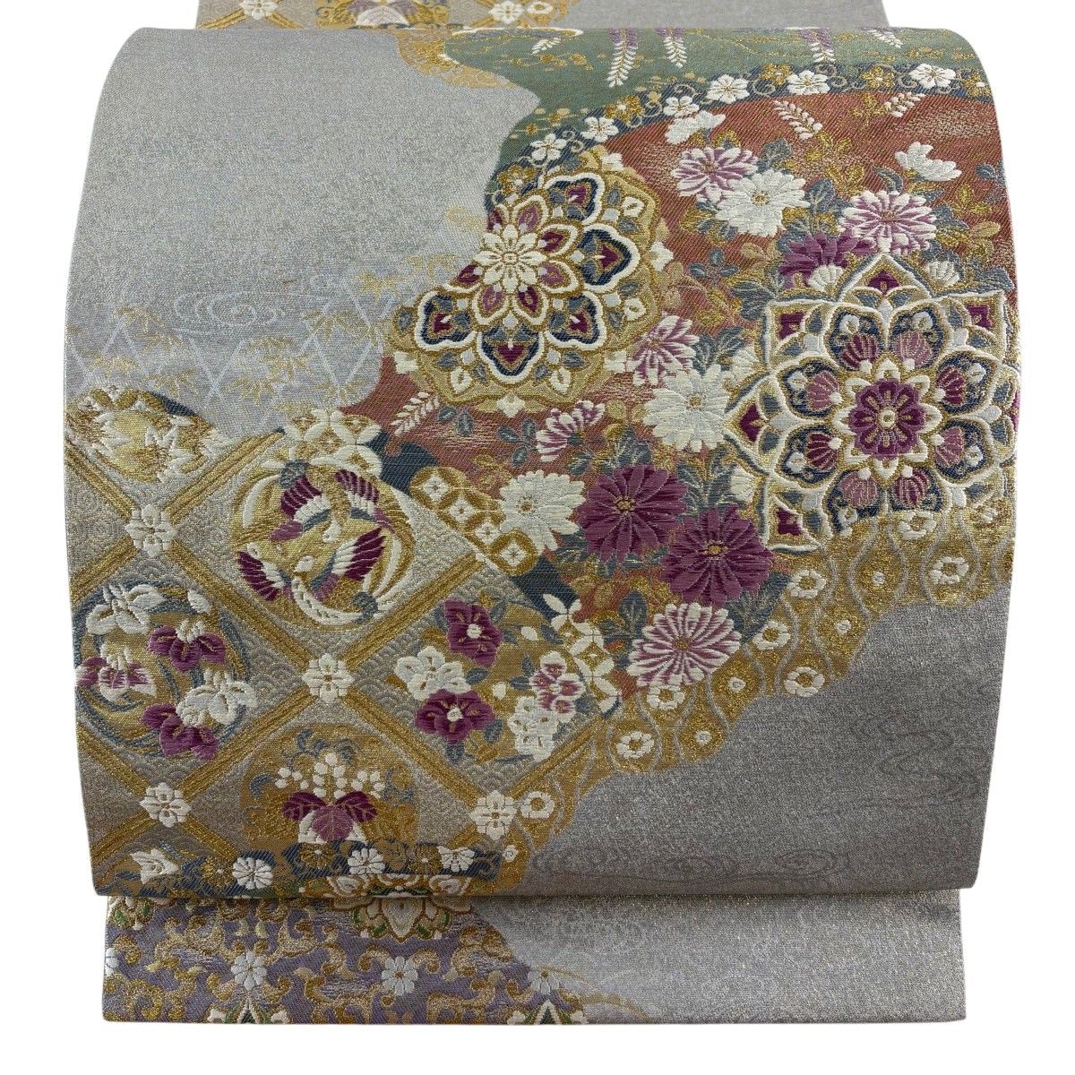 【美品】 袋帯 逸品 じゅらく 落款 帝王紫 華文 向かい鳥 金糸 箔 灰色 六通 正絹 【中古】