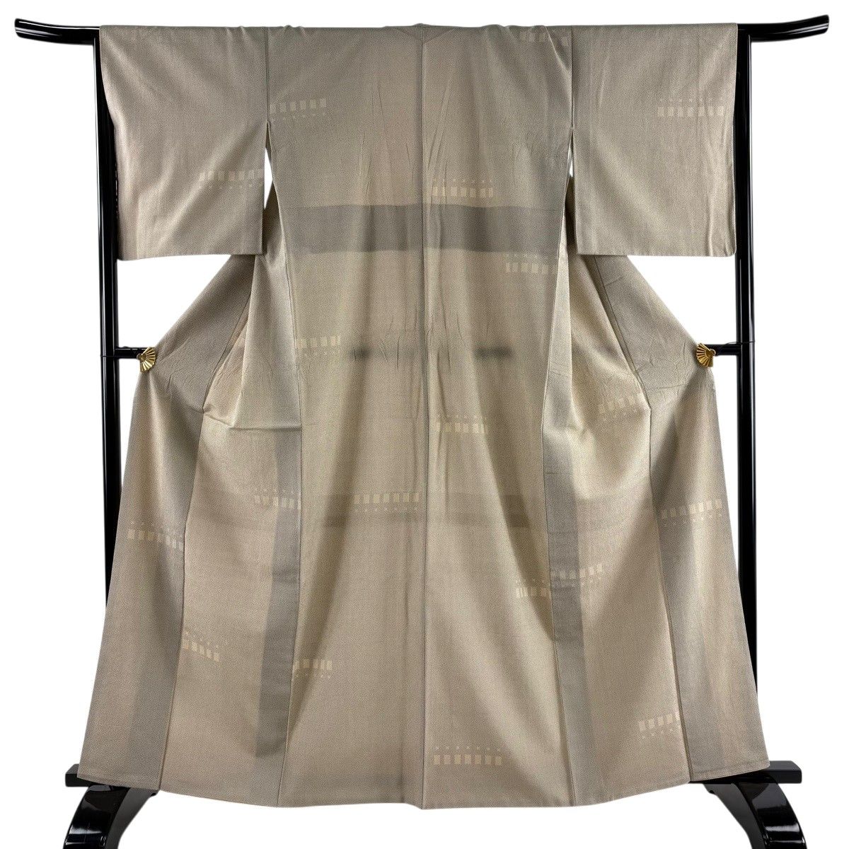 お召 身丈163cm 裄丈65cm M 袷 本塩沢 証紙 幾何学 灰茶 正絹 逸品 【中古】