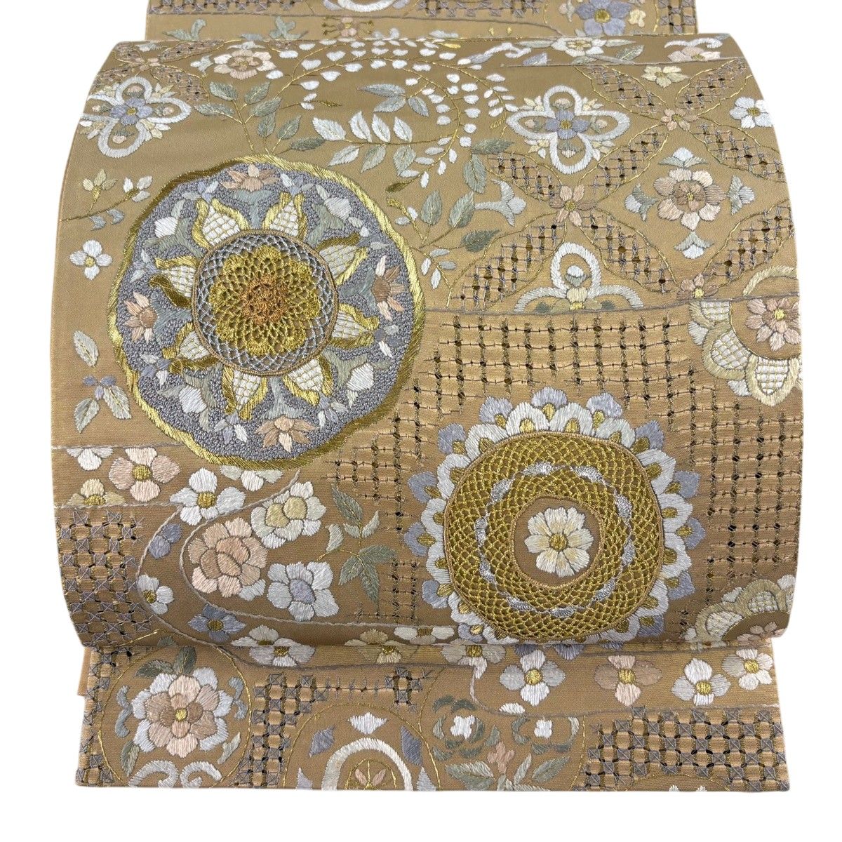 【美品】 袋帯 逸品 華文 草花 刺繍 箔 金色 六通 正絹 【中古】