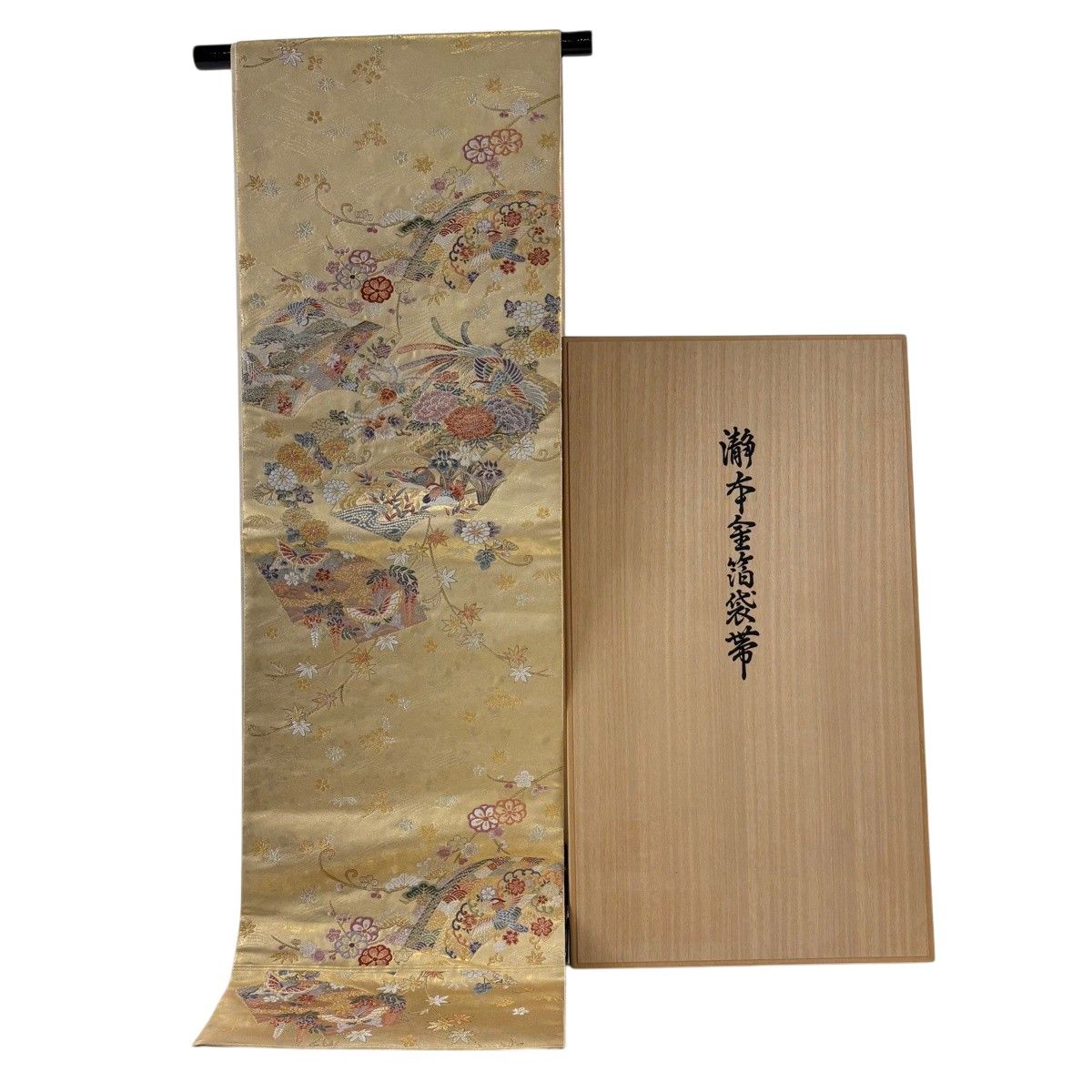 【美品】 袋帯 逸品 長嶋成織物 落款 本金箔 共箱付 関西仕立て 慶長地紙文様 金銀糸 唐織 金色 お太鼓柄 正絹 【中古】