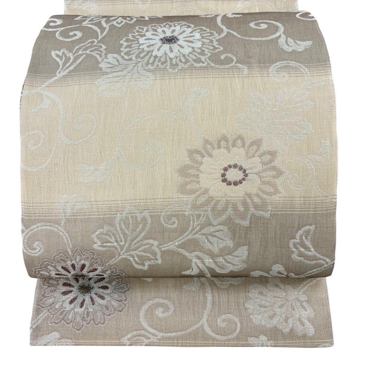 【美品】 袋帯 逸品 紫光糸 本小石丸 花唐草 段縞 箔 ベージュ 全通 正絹 【中古】
