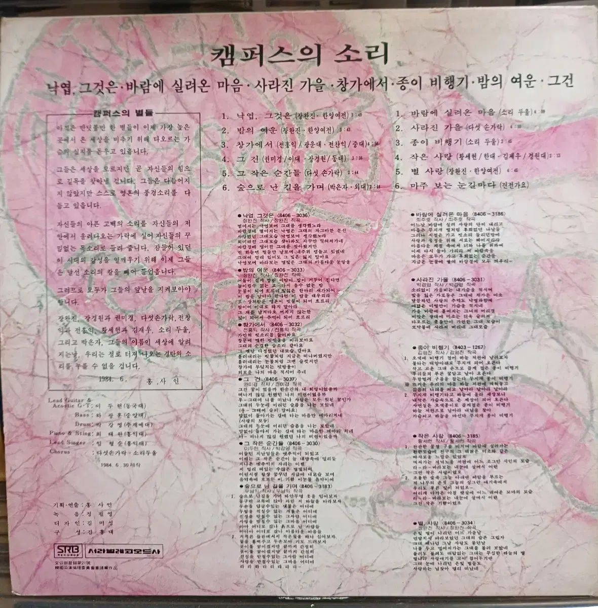 キャンパス 音 LP 84 年 チャン・ピルスン ソリドゥル デビュー盤 NM + キャンパス 音 LP 84 年 チャン・ピルスン ソリドゥル デビュー盤 NM +