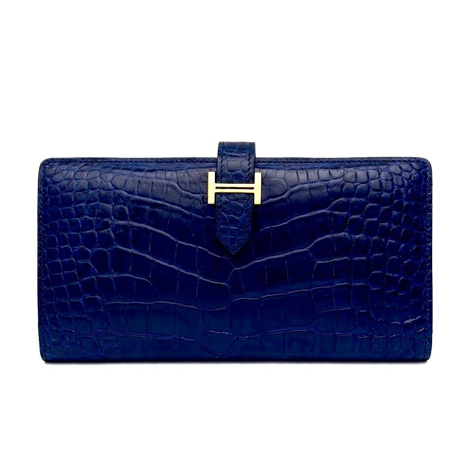 【HERMES】エルメス　ベアン　アリゲーター（艶あり）　ブルー　長財布