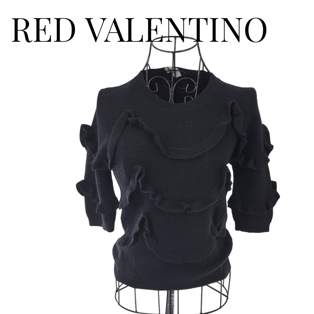 RED VALENTINO レッドヴァレンティノ デザインフリルニット プルオーバー ウールニット サイズ不明 ブラック 七分袖 レディース 羊毛