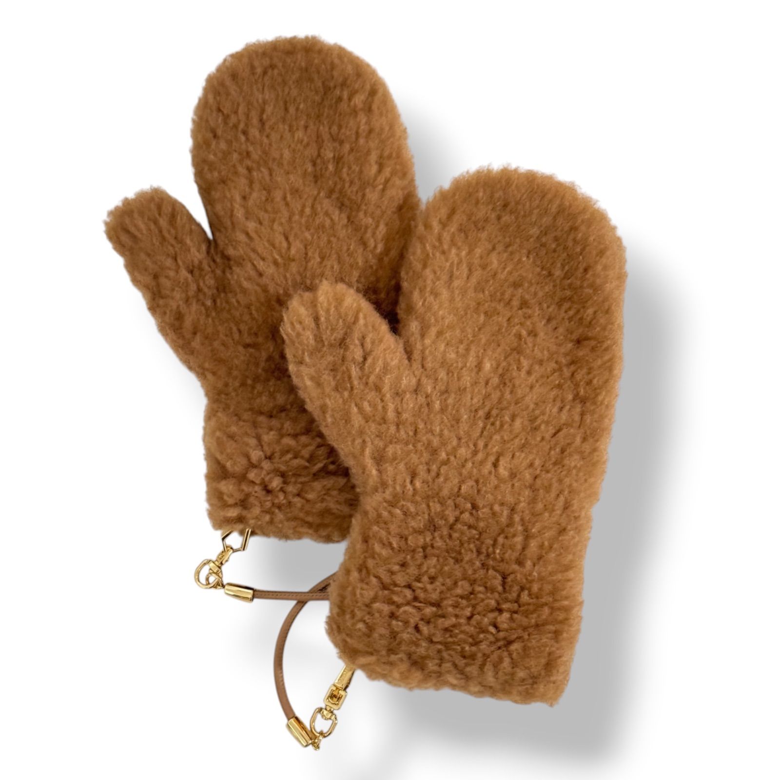 新品未使用 Max Mara マックスマーラー テディベア ミトン ファー 手袋 ブラウン OMBRAT2 ウール 紐取り外し可能 管理番号：131A-4813