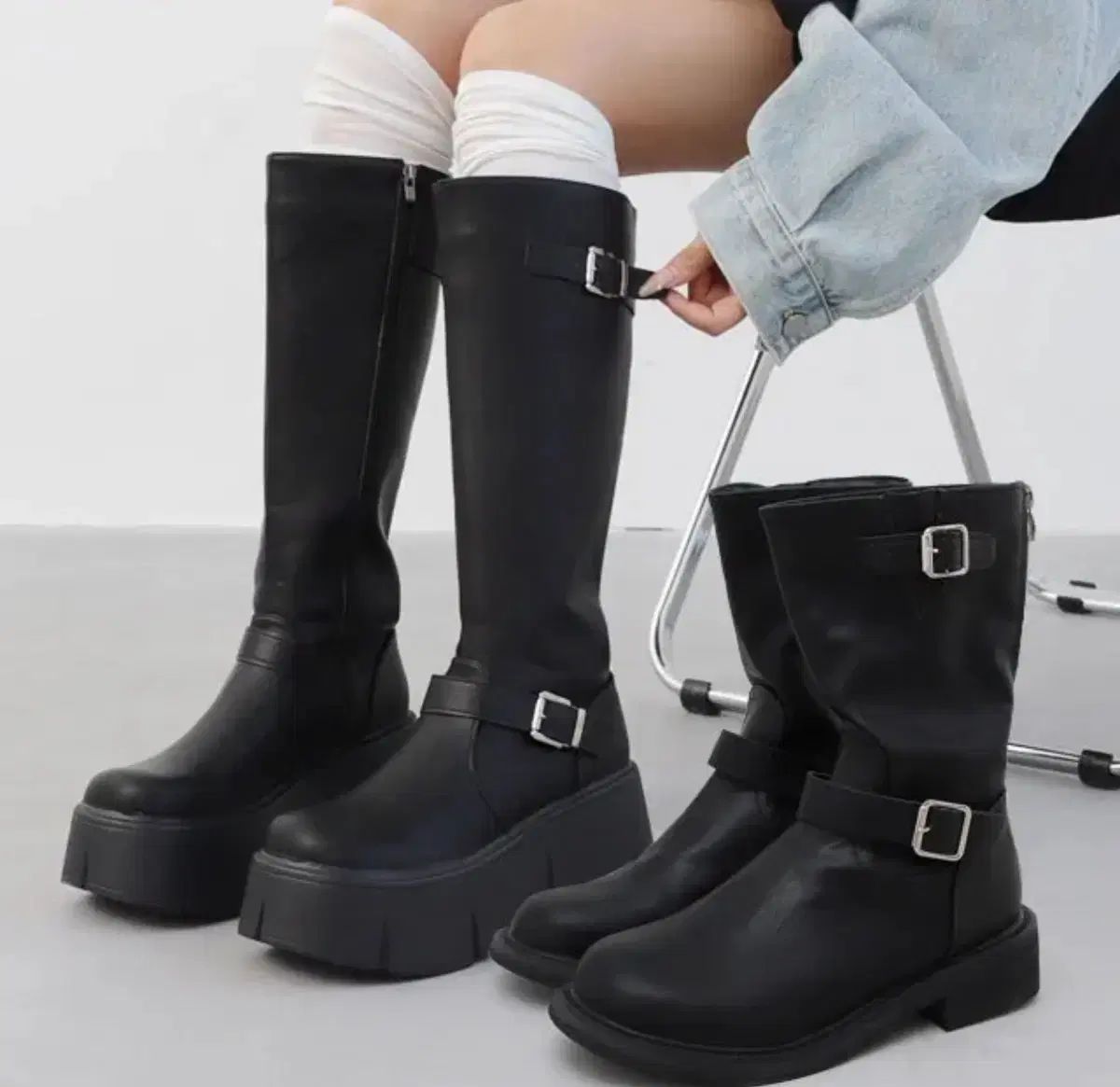 ブラック 厚底 バックル ロングブーツ 4,953円
