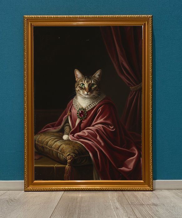 猫のルネサンス風肖像画 油絵風アートA3額装インテリア壁掛け