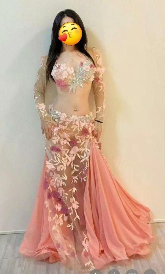 ベリーダンス衣装 ブラスカートセット オレンジ系 花 オーダーメイド