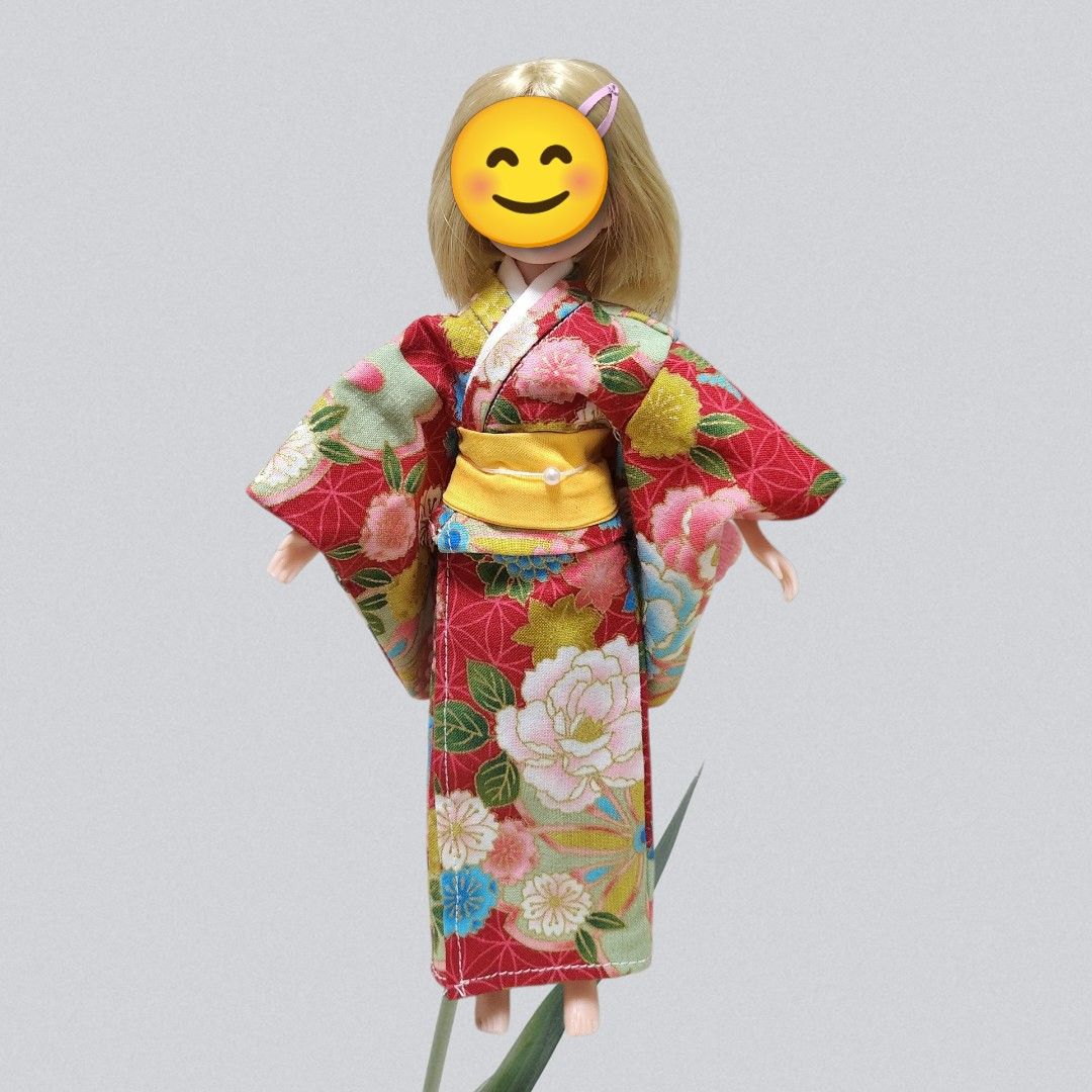 1/6ドール用アウトフィット 着物二点セット 赤×黄色 花柄 華やか 晴れ
