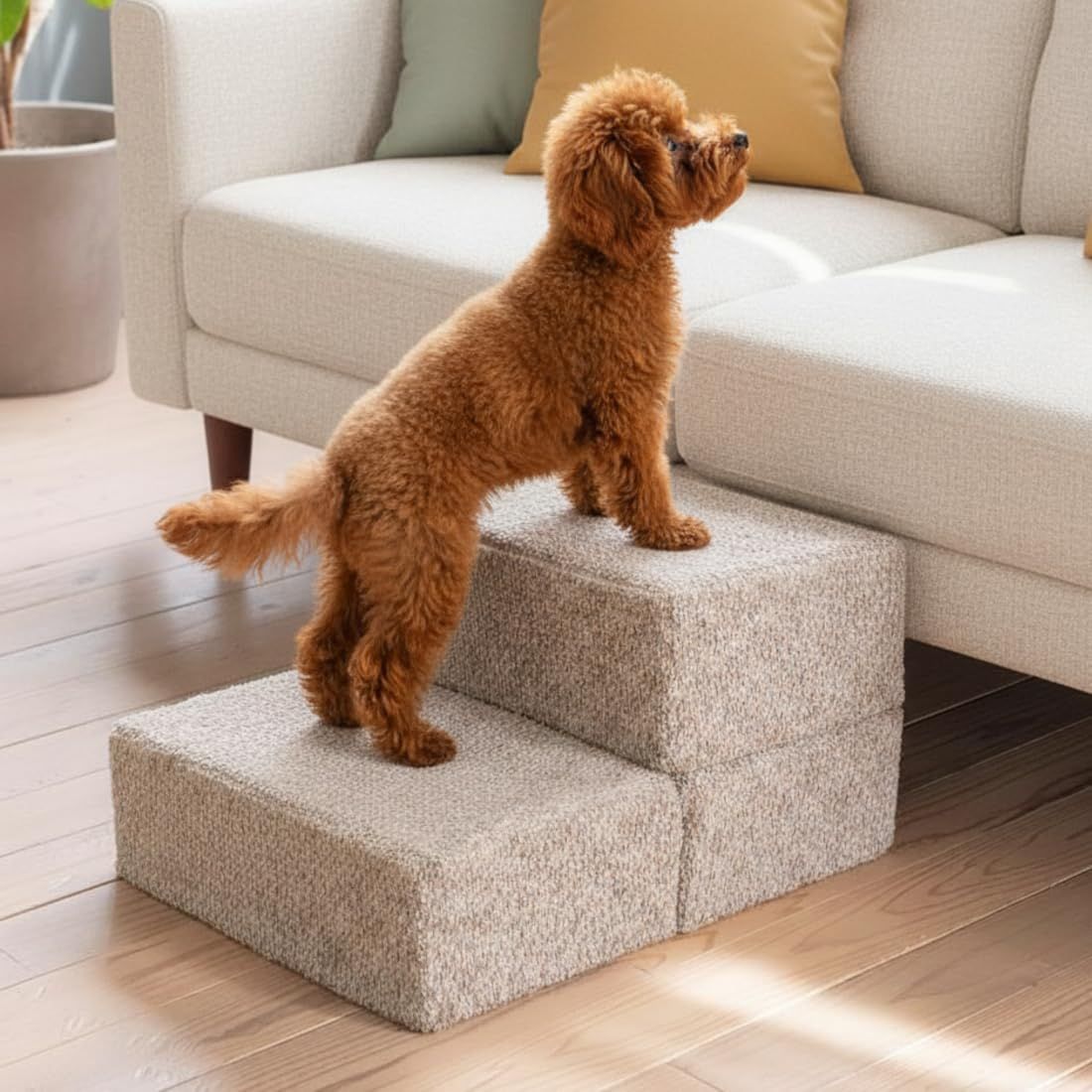 新品 イケヒコ ペットステップ 階段 2段 犬用 ラクーサ 幅45cm ベージュ ジャガード生地 滑り止め付き ソファ ベッド用 小型犬 シニア犬 介護用 ＃1410550021123